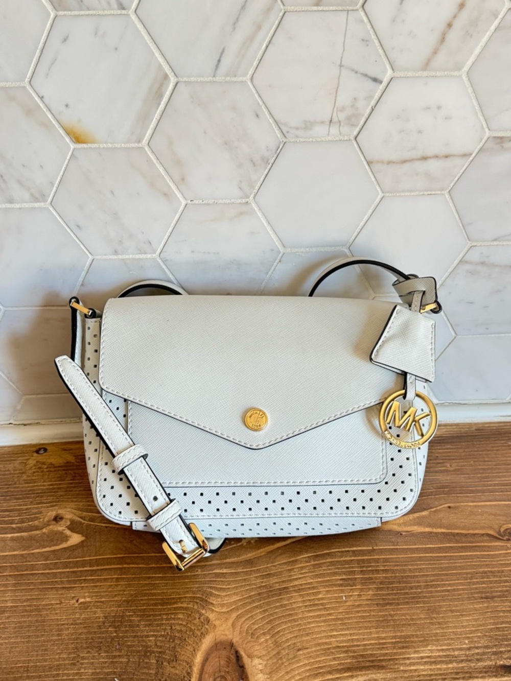 Michael Kors White Perforated Leather Crossbody Bag